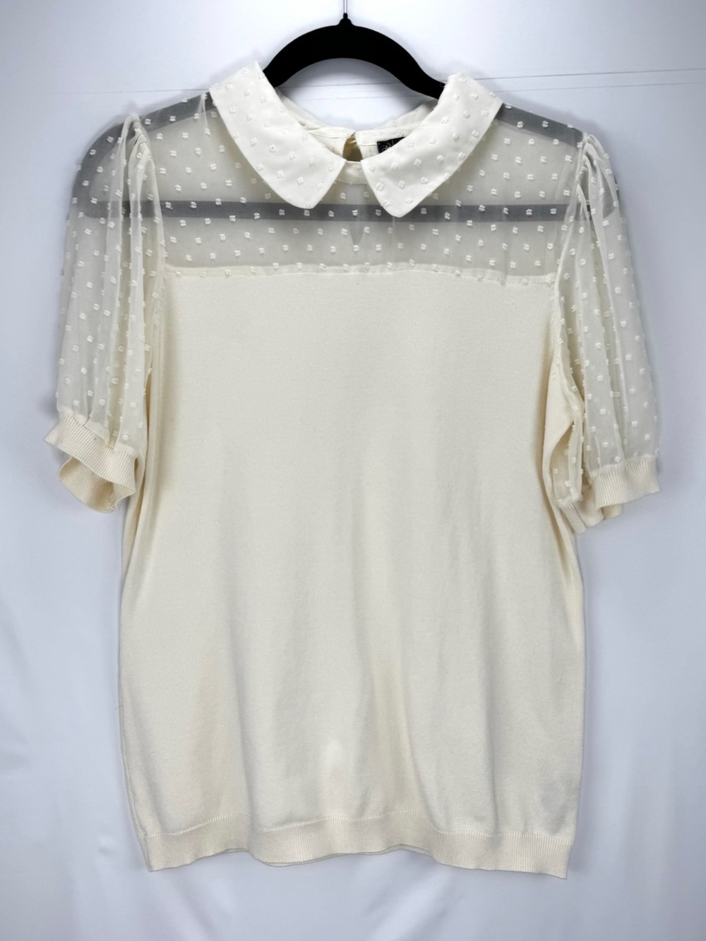 Sheer Swiss Dot Panel Collared Women's Top - Cream